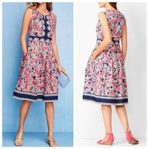 TALBOTS Petite Cotton Paisley Multicolor Fit‎ & Flare Midi Dress, size 8P
